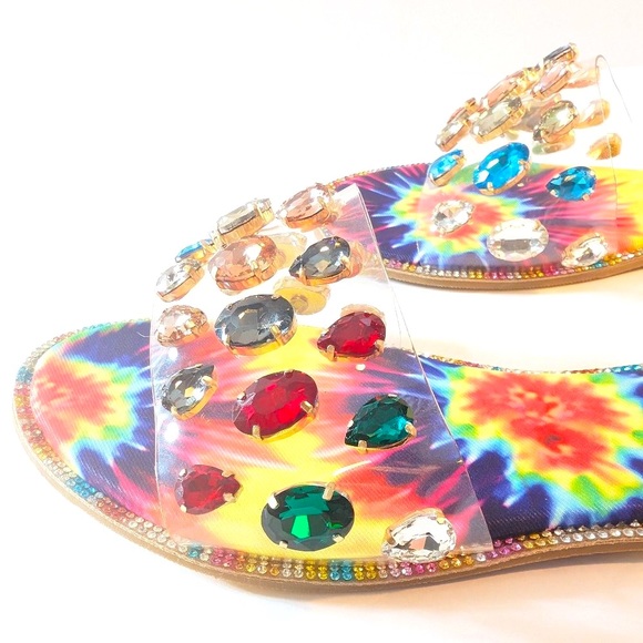 * Pazzle Colorful Tie Dye Rhinestone Trim Flat Sandals - Picture 5 of 8